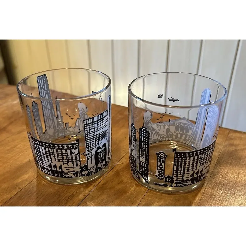 Vintage Pair of Chicago Skyline Rocks Glasses Whiskey Tumblers Black And White